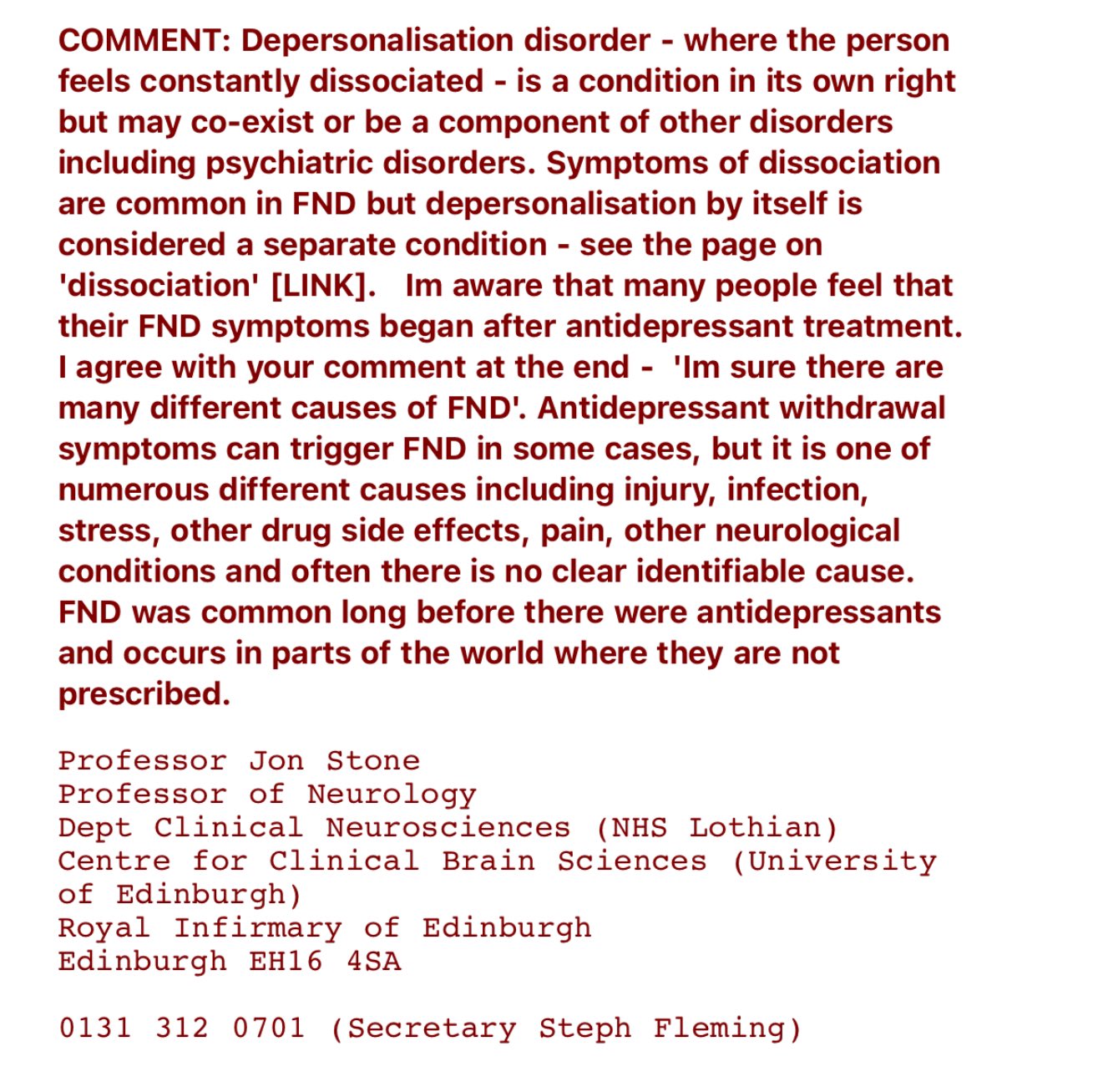 Prof J stone correspondence 1