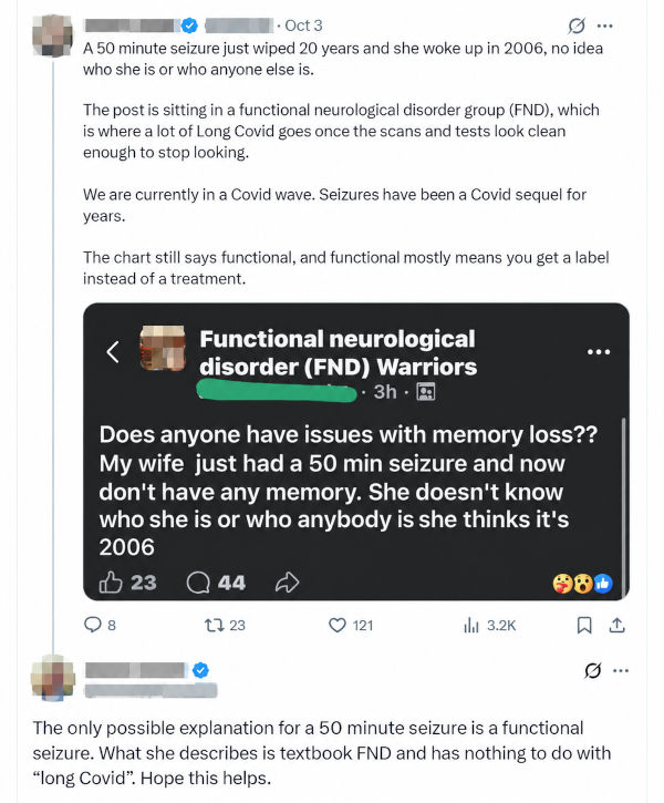 Social media discussion about a reported seizure and FND diagnosis